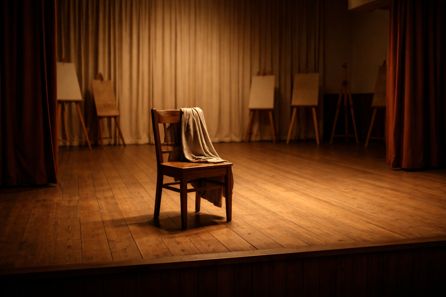 A quiet studio space with warm directional light and a model's chair.