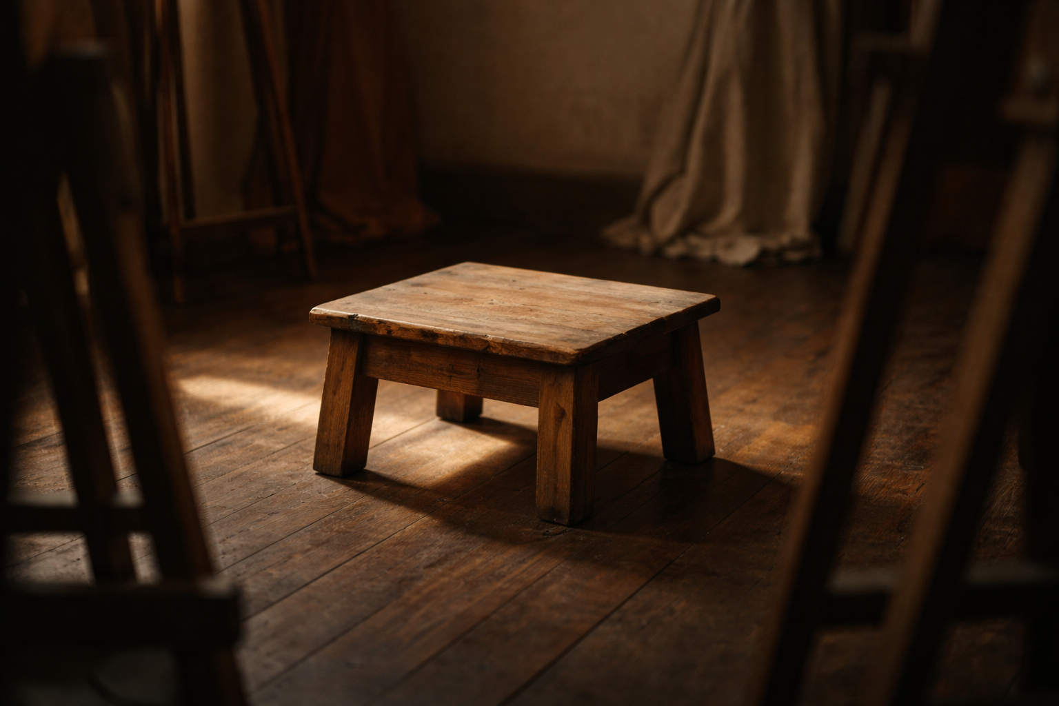 A warmly lit studio space with a model's chair and soft directional lighting.