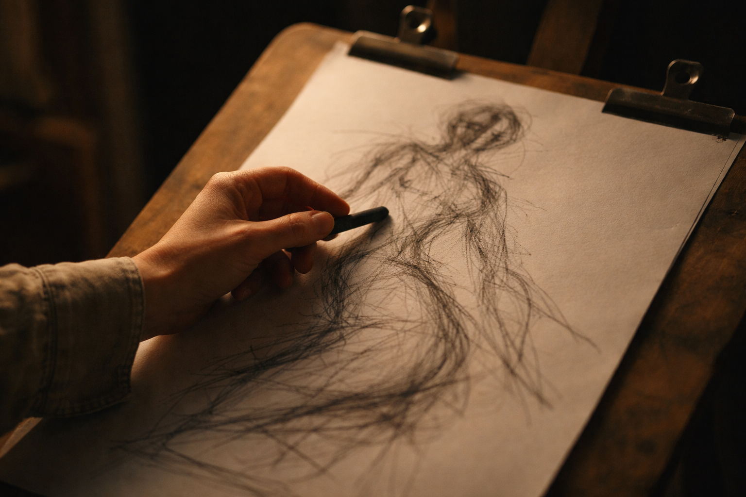 Artists drawing in a quiet, warmly lit studio.